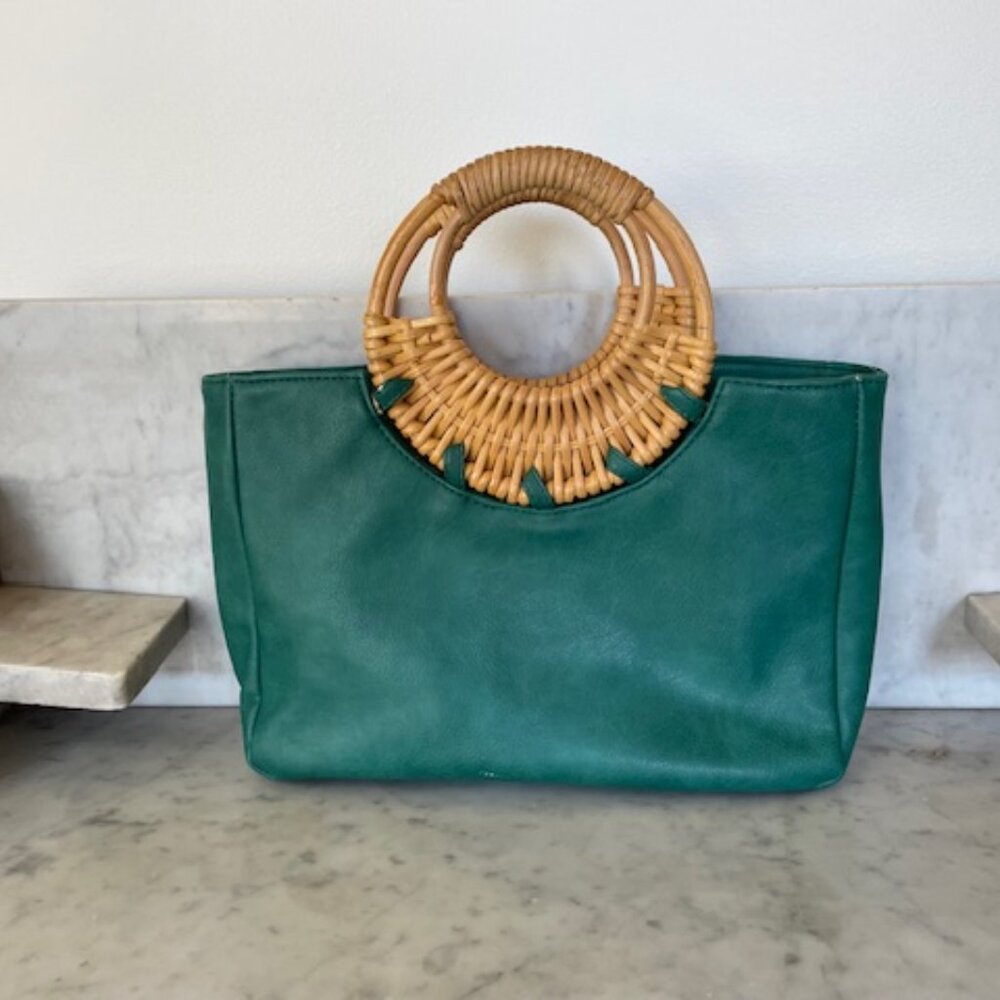 ANTHROPOLOGIE Marianne Green Tote Bag Wicker Handle